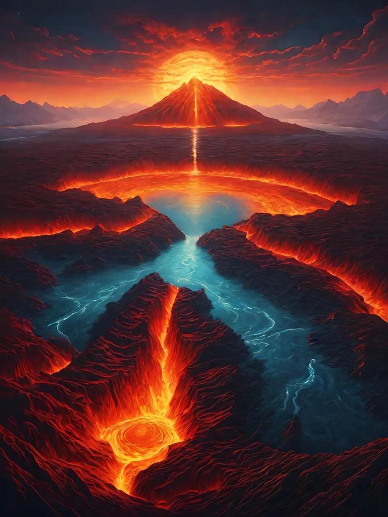 火山噴發(fā)的壯麗景象，熔巖流淌如火海